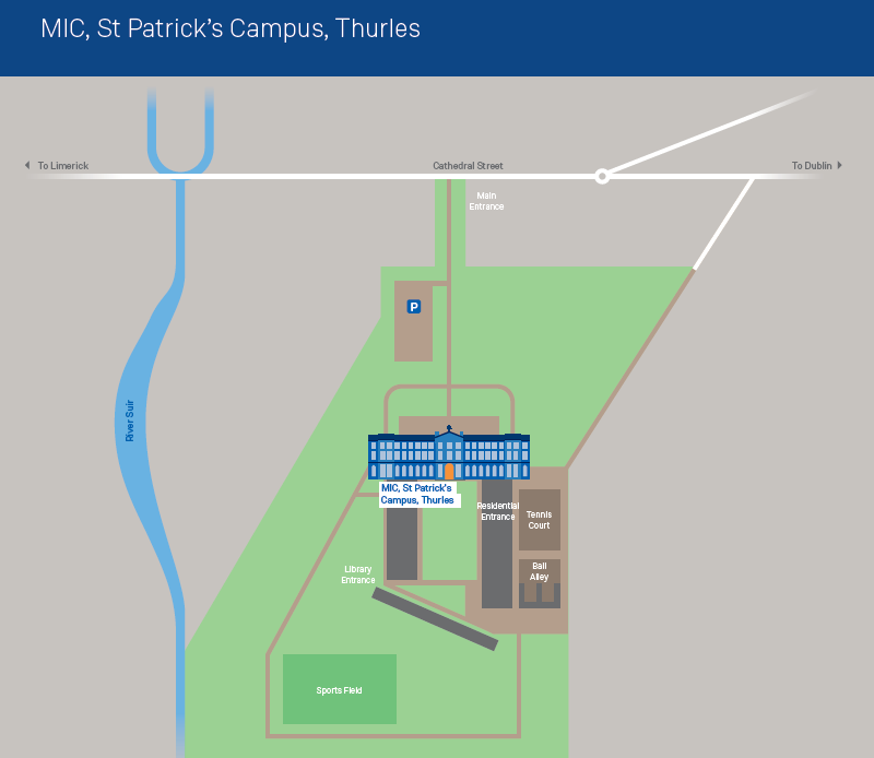 Diagram including information about building and car park locations on MIC St. Patrick's Campus, Thurles.