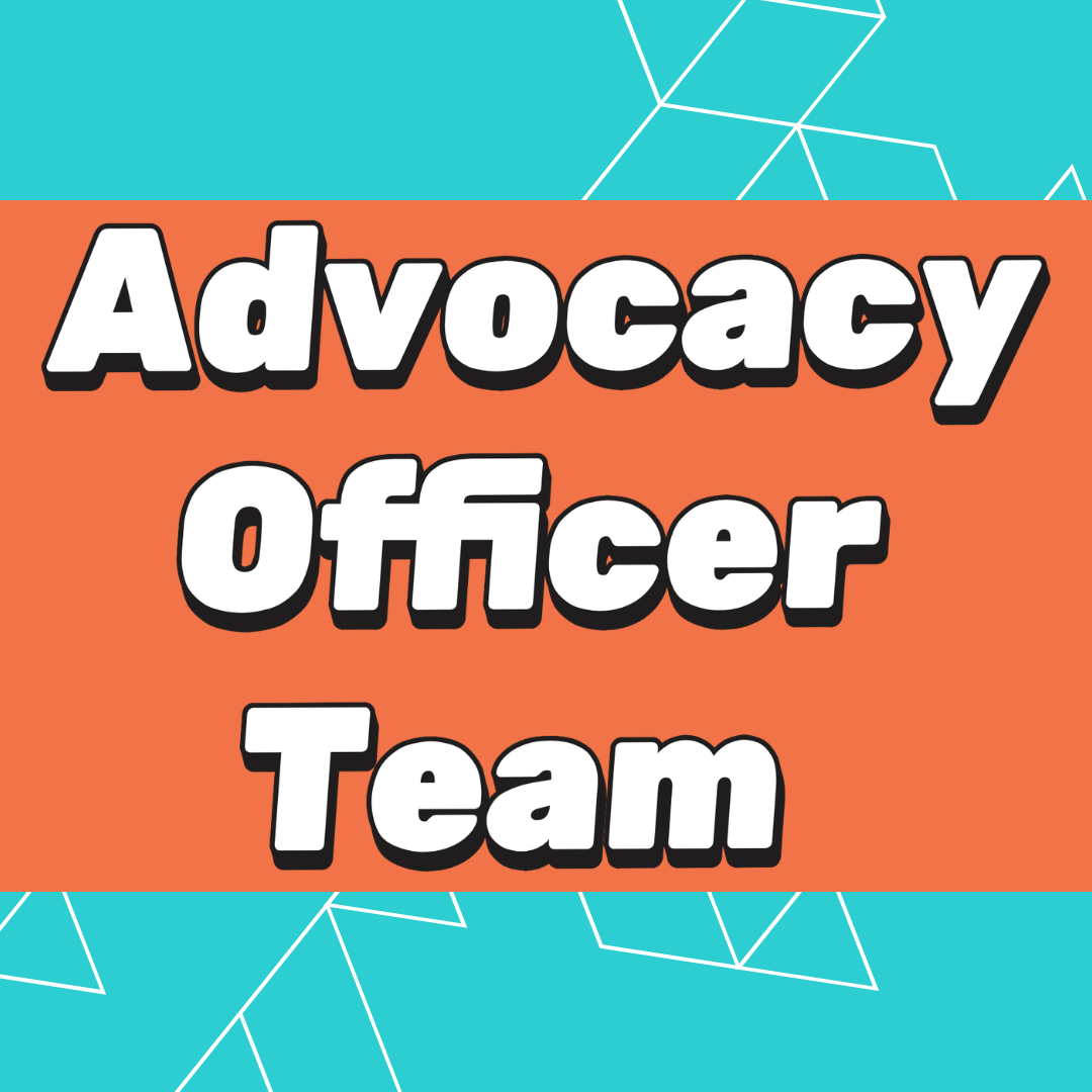 Graphic with a green background and orange banner with the wording Advocacy Officer Team